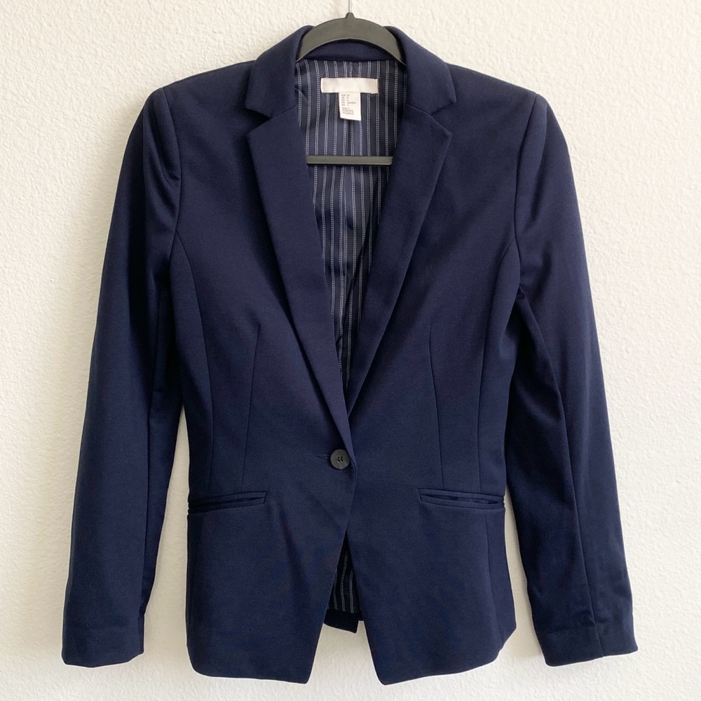 H&M Women's Dark Blue Fitted Single-Button Blazer